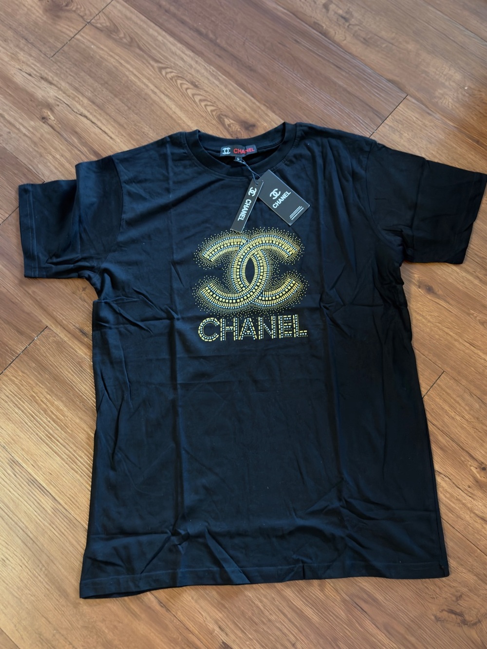 CHANEL Black Short Sleeve Tee with Gold Stud CC Logo